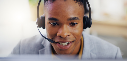 Image showing Customer service, laptop and face of black man consulting on contact us CRM, telemarketing or telecom. Webinar, information technology or male call center consultant talking on online tech support