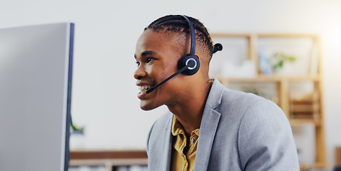 Image showing Customer service, laptop video call and happy black man networking on webinar, online conference or telemarketing. Communication microphone, callcenter consulting and office person on sales pitch