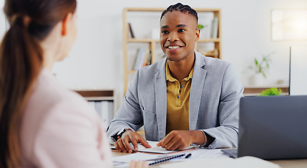 Image showing Business, employees and black man in consultation, planning and conversation for new project. Male worker, manager and consultant in office, communication and share ideas with documents and paperwork