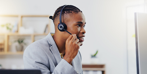 Image showing Customer service, laptop video call and happy black man networking on webinar, online conference or telemarketing. Communication microphone, callcenter consulting and office person on sales pitch