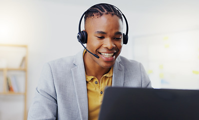 Image showing Telemarketing, laptop video call and black man talking on webinar communication, online conference or telecom. Networking, call center office and customer care person consulting on support help desk