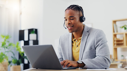 Image showing Customer support, laptop video call and black man on networking webinar, online conference or telemarketing. Communication headset, contact us office and male telecom agent consulting on sales pitch