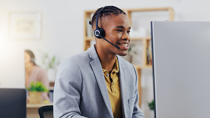 Image showing Telemarketing, laptop video call and black man talking on webinar communication, online conference or telecom. Networking, call center office and customer care person consulting on support help desk