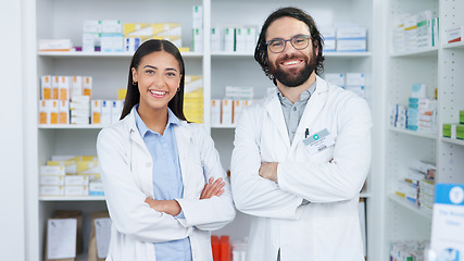 Image showing Crossed arms, pharmacy and portrait of people with smile for medical care, service and healthcare. Professional, teamwork and man and woman pharmacist for medication, medicine and clinic dispensary