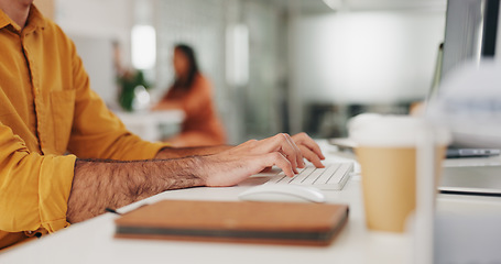 Image showing Hands, typing and person with keyboard, journalist writing article on computer at startup and creativity. Copywriting, productivity with research online, workflow and content creation at office desk