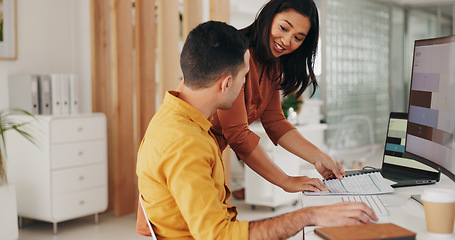 Image showing Business people, team advice and computer or documents for website design review, proposal and collaboration. Marketing agency, workplace and professional manager talking to designer with paperwork