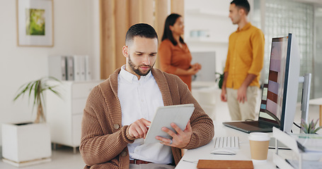 Image showing Business man, tablet and designer typing, scroll or working on project plan, webdesign layout or social media app research. Website analysis, connection and person review creative design development