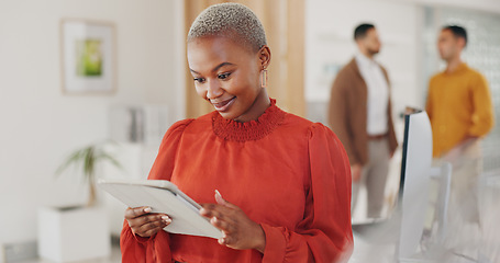 Image showing Professional black woman, tablet and reading happy customer experience review, research results or report. Creative, business project and African designer smile for website info, design or feedback