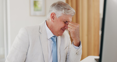 Image showing Headache, pain and elderly man in office, tired and frustrated at work challenge, fail or mistake. Stress, sick and migraine of ceo with depression for bankruptcy, business debt and financial crisis