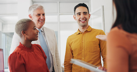 Image showing Group, brainstorming and business people planning, cooperation and diversity with a tablet. Staff, coworkers and manager with employees, technology and collaboration with creativity and conversation