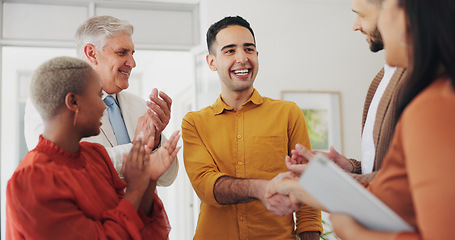 Image showing Business people, applause and handshake for teamwork success, collaboration and project congratulations. Marketing group, man shaking hands and clapping for deal, thank you and sales winner in office