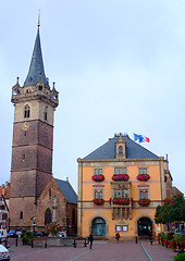 Image showing Townhall and clock tower of Obernai city - Alsace