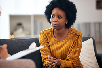 Image showing Woman, therapy patient and checklist in counseling, psychology evaluation and mental health support or helping. African client on sofa, life coach or professional therapist writing notes on clipboard