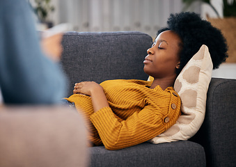 Image showing Therapy, sofa and black woman relax in consultation for mental health, help and listening to communication. Psychologist, counselling and patient lying on couch in peace, calm and sleep in comfort