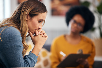 Image showing Woman thinking, stress and therapy by psychologist, therapist or healthcare professional with checklist evaluation Client and therapist writing for mental health support or advice in debt or crisis