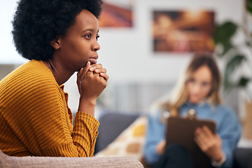 Image showing Mental health, anxiety and psychology with a black woman in therapy, talking to a professional. Depression, stress or support with a young patient in session with a psychologist for grief counseling