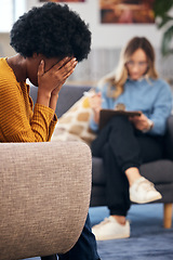 Image showing Mental health, stress and psychology with a black woman in therapy, talking to a professional. Anxiety, depression or support with a young patient in session with a psychologist for grief counseling