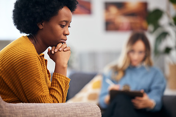 Image showing Mental health, depression and psychology with a black woman in therapy, talking to a professional. Anxiety, stress or support with a young patient in session with a psychologist for grief counseling