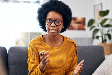 Image showing Black woman, therapist and talking with advice on sofa in psychology, office and holistic discussion of mental health or trauma. Professional, psychologist and person speaking of depression on couch