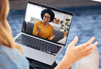 Image showing Woman, video call and psychologist on laptop screen of support, advice or helping with mental health in online meeting. African therapist talking to home client for remote therapy on computer