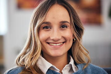 Image showing Face, happy business woman and designer in startup company, office and workplace. Portrait, creative professional and confident female entrepreneur, worker and employee smile in Australia for career.