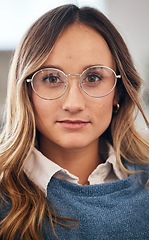 Image showing Face, business woman and designer in glasses at startup company, office and workplace. Portrait, creative professional and confident female entrepreneur, worker and employee in Australia for career.