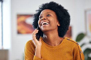 Image showing Funny black woman in phone call, talking and conversation with contact at home. African person laughing on smartphone, listening to comedy and news in discussion of meme, communication and excited