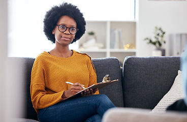 Image showing Psychologist on sofa, writing notes and listening to patient, advice and help in psychology for mental health care. Conversation, support and black woman on couch with client, therapist in counseling