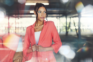 Image showing Business woman, corporate fashion and thinking in the city with entrepreneur and ideas. Female professional, lawyer style and lens flare with confidence and morning commute in urban parking lot