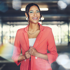 Image showing Business woman, corporate fashion and portrait in the city with happy smile and ideas. Female professional, lawyer style and lens flare with confidence and morning commute in urban parking lot