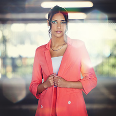 Image showing Business woman, corporate portrait and job in the city with entrepreneur and career pride. Female professional, lawyer style and lens flare with confidence and morning commute in urban parking lot