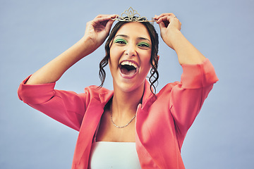 Image showing Fashion, excited and portrait of woman with crown in studio for glamour, luxury and winning prize. Beauty, wow and person with tiara for princess pageant, winner and cosmetics on purple background