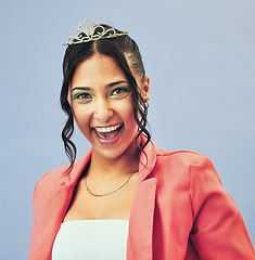 Image showing Princess, beauty and portrait of woman with crown in studio for glamour, luxury and winning prize. Excited, wow and person with tiara for fashion pageant, winner and cosmetics on purple background