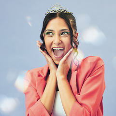 Image showing Wow, beauty and portrait of woman with crown in studio for glamour, luxury and winning in glitter. Fashion, excited and person in tiara for princess pageant, winner and cosmetics on purple background