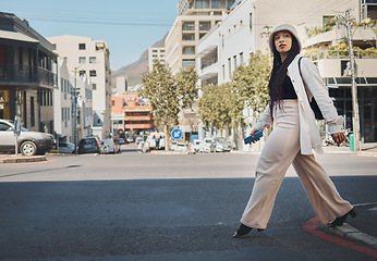 Image showing Road, walking and woman with travel, commute and streetwear fashion in New York. Vacation, city street and urban with a female person with traveling and vacation on a trip for holiday adventure