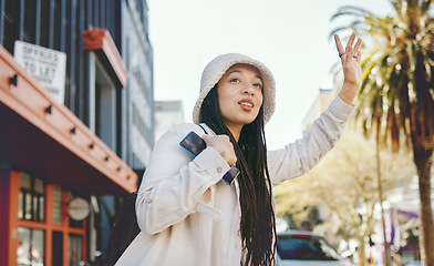 Image showing Road, road and woman wave for taxi with travel, commute and ride in New York. Vacation, city street and urban with a female person with traveling and vacation on a trip for holiday adventure