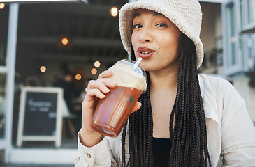 Image showing Woman, smoothie and portrait outdoor at a restaurant and drink from cafe with a smile. Milkshake, coffee shop and gen z fashion of a female person drinking from a straw on break on diner patio