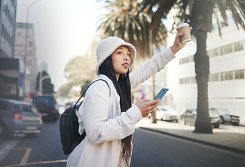 Image showing Road, taxi wave and woman with travel, coffee and phone with waiting in New York. Vacation, city street and urban with a female person with traveling and vacation on a trip for holiday adventure