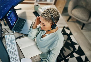 Image showing Headache, pain and woman in call center, fatigue or burnout at help desk office. Stress, migraine and tired African consultant frustrated at customer, fail telemarketing challenge or financial crisis