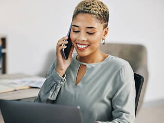 Image showing Business woman, phone call and networking in a office with corporate work and conversation at law firm. Laptop, African female professional and employee with communication and lawyer talk at job