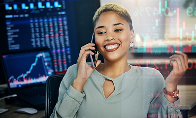 Image showing Happy woman, phone call and broker consulting finance growth, profit or stock market discussion at office. Female person or financial advisor talking on mobile smartphone for trading, advice or help