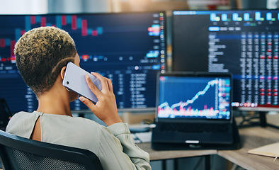 Image showing Woman, phone call and broker consulting in trading, stock market or discussion for online finance at office. Business female person or financial advisor talking on mobile smartphone in advice or help