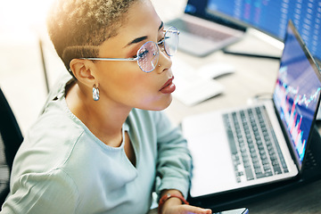 Image showing Computer, stock trade and professional woman reading fintech company metrics, IPO investment value or crypto equity. Accounting, market audit and business broker, NFT investor or trader monitor stats