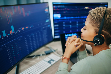 Image showing Business, computer screen and woman with investment, headphones and connection with data analysis. Person, programmer and investor with headset, pc and network with website information and internet