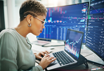 Image showing Laptop, investment graphs and business woman reading IPO analytics, financial bank chart or accounting value, info or stocks. Trade price, admin data analysis and profile of broker review statistics