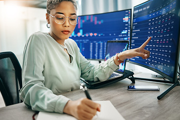 Image showing Business woman, writing and stock market, trading or analytics in data, statistics or online finance at office. Person, broker or financial advisor taking notes on cryptocurrency, profit or trends