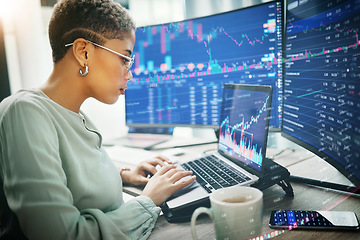 Image showing Laptop, investment graphs and business woman analysis, scroll or reading accounting value, info or stocks trade. Equity price, financial admin data and profile of investor review NFT exchange stats