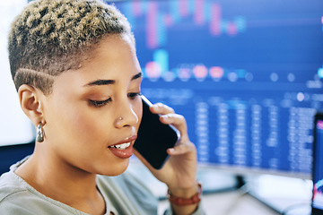 Image showing Business woman, phone call and stock market in consulting, trading discussion or online finance at office. Female person, broker or financial advisor talking on mobile smartphone for advice or help