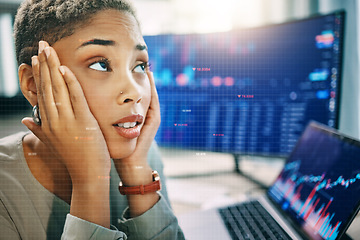 Image showing Programmer, stress and woman with computer screen, headache and burnout with mental health. Person, employee and coder with laptop, investor and overworked with workflow crisis, office and migraine