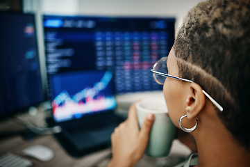 Image showing Computer screen, coffee cup and business woman with stock market analysis, crypto audit or monitor finance information. Espresso latte, face and broker work on trade review, sales or feedback numbers